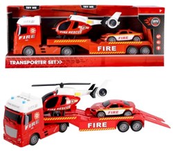Rapid Wheels fire brigade car transporter with car, helicopter, light and sound