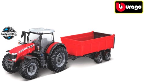 Bburago tractor Massey Ferguson toy tipping trailer friction red black 10 cm