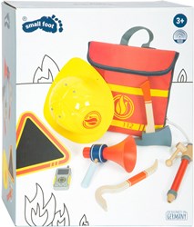 Small Foot firefighter backpack with wooden fireman toys and accessories