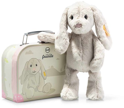 Steiff plush Hoppie rabbit in suitcase - cuddly toy 26 cm light grey