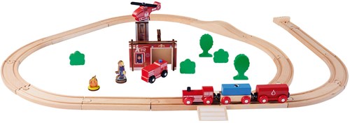 Eichhorn wooden train set fire brigade playset with bridge - FSC wood
