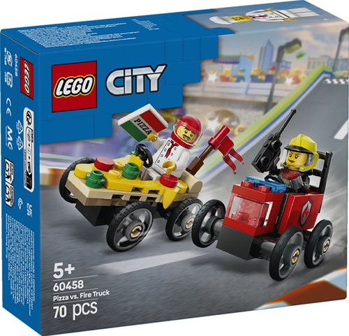 LEGO City race car toy pizza van vs fire truck building set