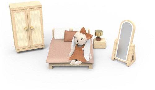 Speedy Monkey dollhouse bedroom set with character FSC wood