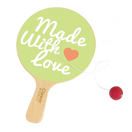 Classic World wooden toy racket with ball on string - colorful