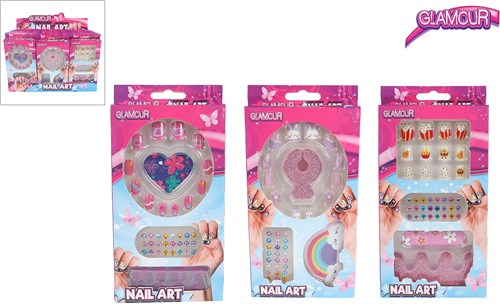 Glamour toy press-on nails set with rhinestones and accessories - 12 pieces
