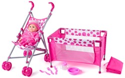 Doll bed, buggy, doll with accessories. 91857