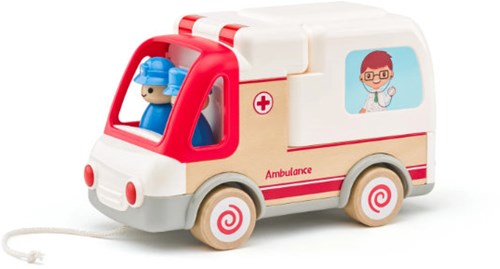 Woody wooden ambulance toy car with lights and sounds - includes accessories