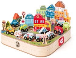 Woody wooden toy suitcase with blocks and train - 55-piece playset