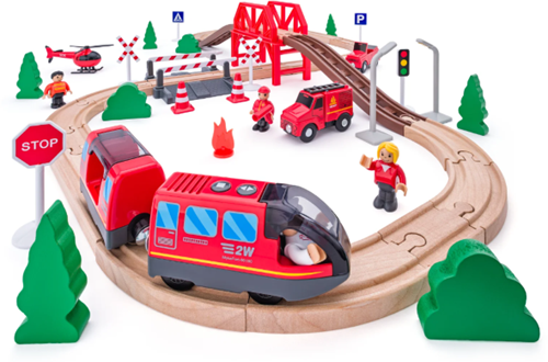 Woody fire brigade train set - wooden toy train set 60 pieces