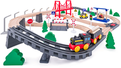 Woody train set 80-piece with battery locomotive and suspension bridge toy