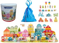 Woody wooden building blocks play city set - 115 pieces in tub