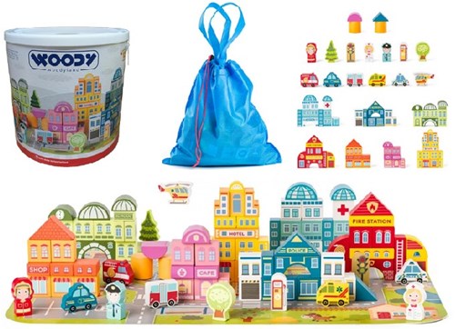 Woody wooden building blocks play city set - 115 pieces in tub