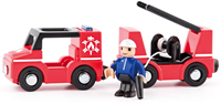 Woody fire truck car set - toy train with fire engine and magnetic coupling