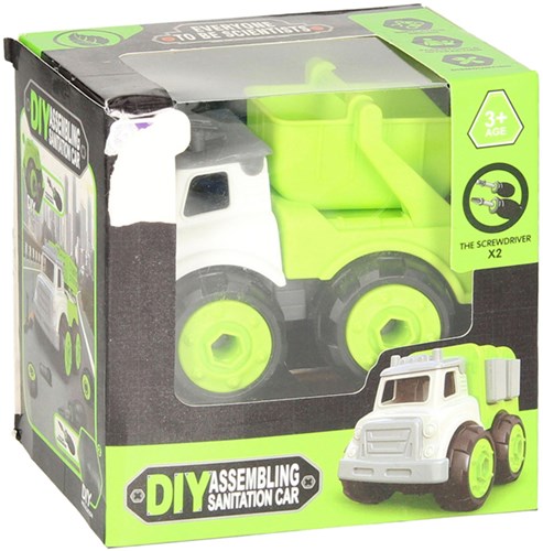 Dump truck toy with screwable wheels - green - includes screwdrivers