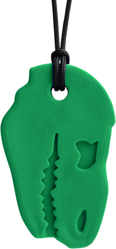 ARK Therapeutic chew necklace sensory toy T-Rex forest green XXT Stevige, brede kauwketting in T-Rex-vorm, geliefd bij dinofans, voor kinderen en volwassenen.