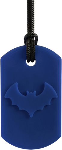 ARK Therapeutic chewable necklace Bat Bite dark blue sensory toy Kauwketting met vleermuismotief voor stevige kauwers die sensorische steun zoeken.