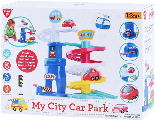 Play car track parking garage plastic red toy car