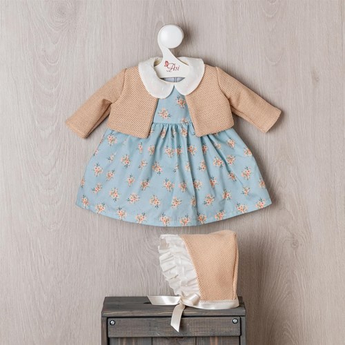 Asi doll clothing - flowered dress and bonnet - blue/sand - doll outfit