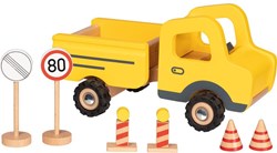 Goki wooden construction vehicle toy car with traffic signs 7-piece