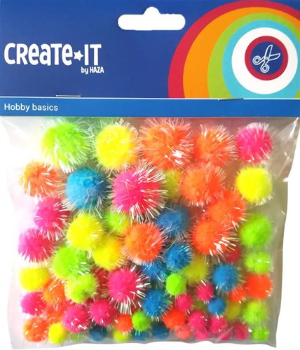 Pompoms craft set glitter neon mix 75 pieces plush creative