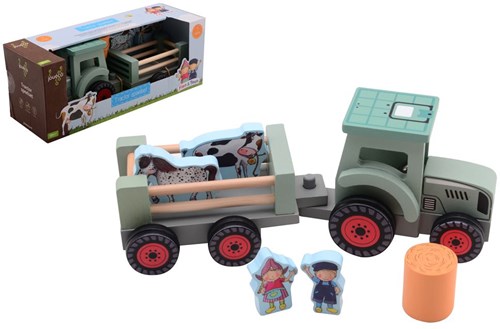 Johntoy wooden tractor farm toy with accessories Fien & Teun