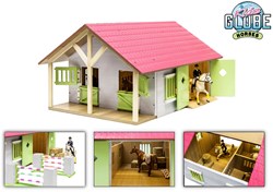 Horse stable wooden toy pink with 2 stalls and storage - 1:24 scale