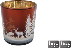 Theelichthouder brown glass deer pine tree atmospheric decoration 7.5x7.5x8cm
