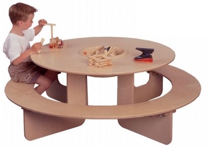 Van Dijk Toys Round table with bench and storage bin (flatpacked) - Natural - Item consists of 2 boxes
