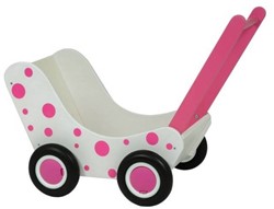 Van Dijk Toys wooden doll pram white and pink dots
