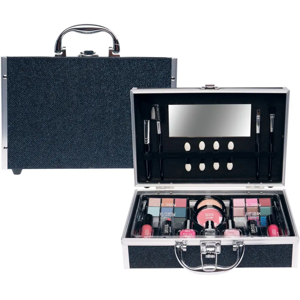 Aluminium make-up case blue black glitter - kids makeup set