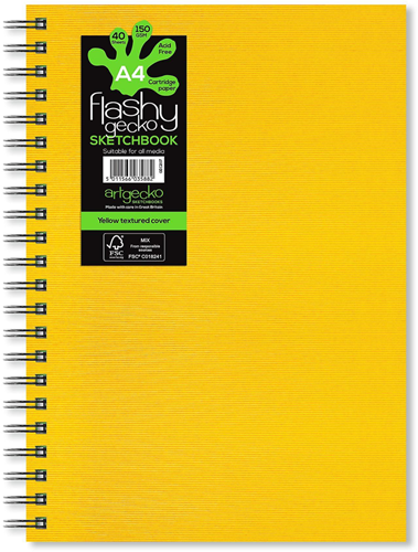 Artgecko Artgecko Flashy Spiraal Schetsboek A4 Portret 150gr 40 vel Wit Gele Omslag