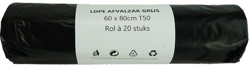 Afvalzak 60L grijs 20 stuks op rol
