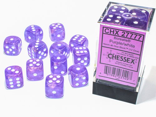 Chessex Borealis D6 16mm Purple/white Luminous Dice Set (12 pieces)