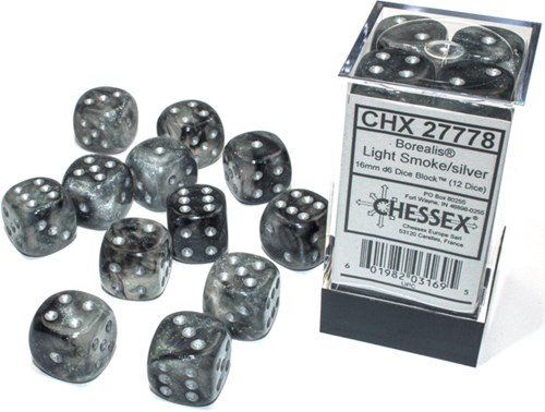 Chessex Borealis D6 16mm Light Smoke/Silver Luminous Dice Set (12 pieces)