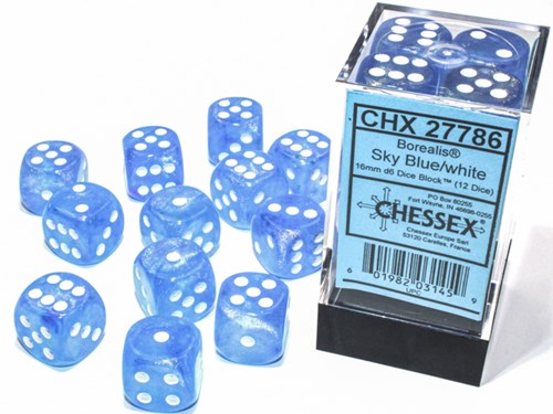 Chessex Borealis D6 16mm Sky Blue/White Luminous Dice Set (12 pieces)