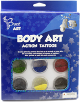 Buzz Retail glitter tattoo set with 6 colours and 25 designs for kids