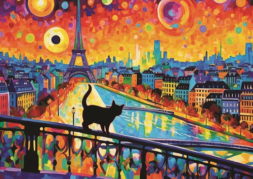 Trefl jigsaw puzzle Cat in Paris - 1000 pieces - colorful Paris cat puzzle