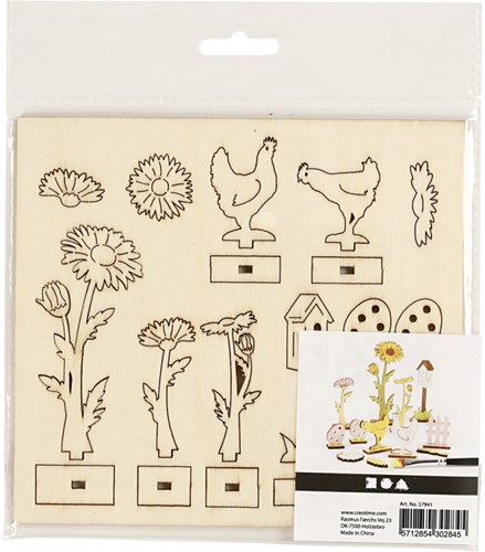 Creativ Company 3D Wooden Figures Flowers and Chickens DIY Decoration 15.5x17cm