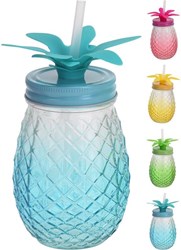 Excellent Houseware pineapple drinking glass with straw 400ml multi color