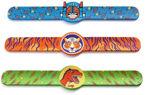 Djeco kids jewelry slap bracelets dino tiger superhero 15 pieces display