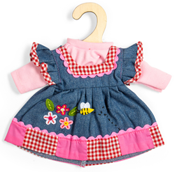 BigJigs doll clothes denim dress with pink trim - medium size dolls