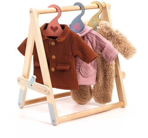 Djeco accessories dolls clothes rack - wooden stand with 3 hangers FSC-2