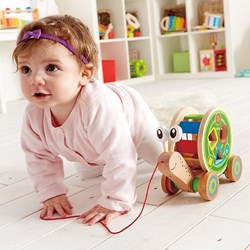 Hape wooden pull-along snail with shape sorter - colorful toy
