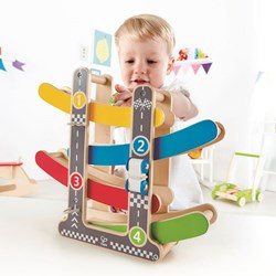 Hape wooden racetrack Fast Flip with 3 cars - colorful toy