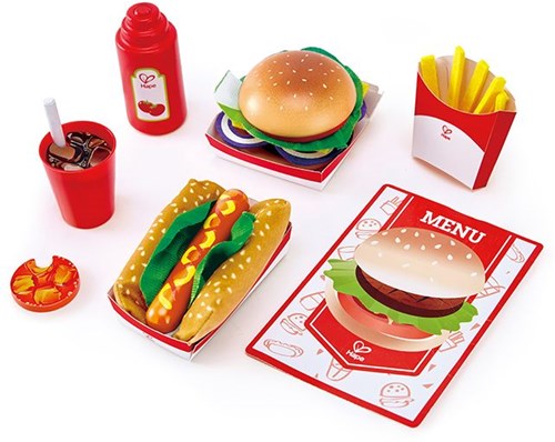 Hape Fast food play set with burger, hotdog and fries for kids-2