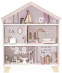 Label Label wooden dollhouse pink including dolls and furniture