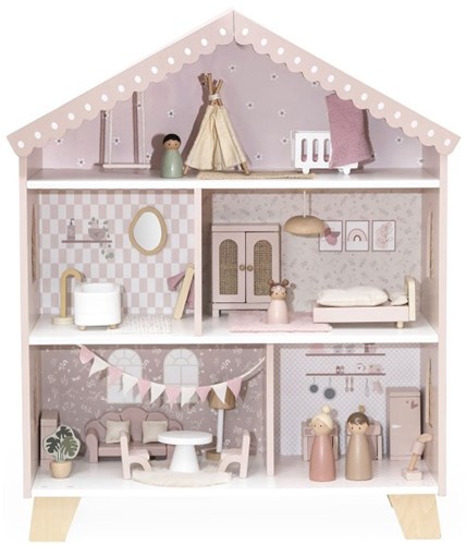Label Label wooden dollhouse pink including dolls and furniture