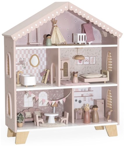 Label Label wooden dollhouse pink including dolls and furniture-2
