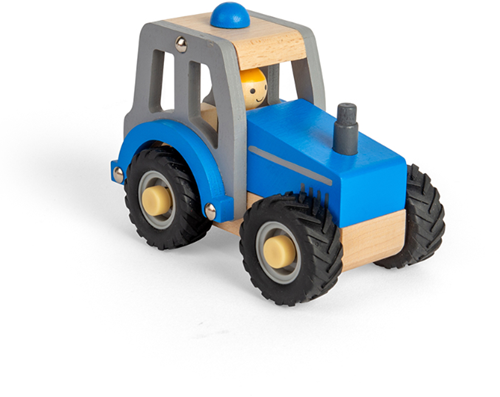 BigJigs wooden tractor blue - toy vehicle with farmer