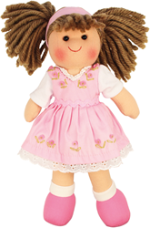 BigJigs doll Rose - soft girl doll with pink dress and brown hair